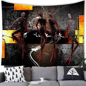 Detailed view of abstract African woman wall tapestry hanging above a modern grey sofa