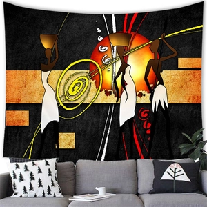 Detail of African woman abstract tapestry featuring silhouettes and ethnic patterns on wall