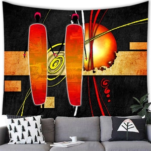 Detailed scene of abstract African women tapestry hanging over a minimalist sofa