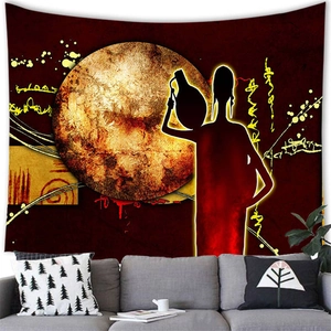 Abstract African woman silhouette wall tapestry with golden sun and tribal patterns