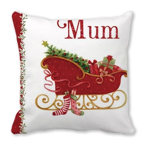 Close-up of Merry Christmas Mum pillowcase featuring festive sled and tree illustrations