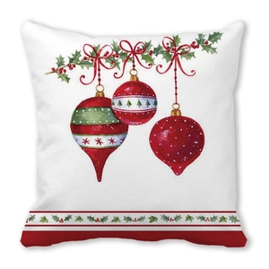 Detail of Christmas peach skin pillowcase with red ribbons and festive baubles