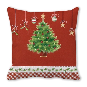 Detail of Christmas tree print on peach skin fabric cushion cover with holly leaf border