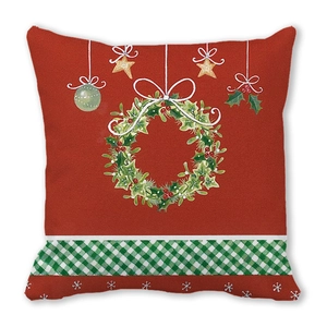 Close-up of festive Christmas pillowcase with wreath and snowflake fabric details