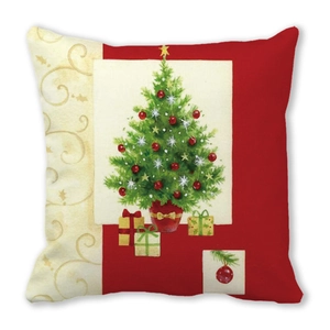 Detail of Christmas tree pillowcase with festive red and beige prints on peach skin fabric