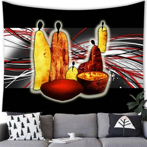 Detailed texture of African abstract wall tapestry hanging over a modern living room sofa