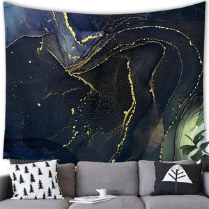 Macro detail of abstract blue and gold marble texture on a luxury wall tapestry