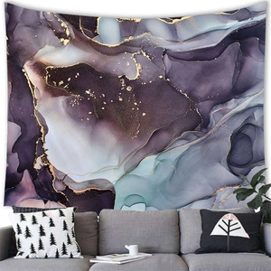 Detailed abstract marble ink tapestry with purple and gold veins over a grey sofa