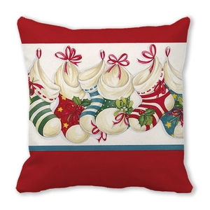 Red Christmas pillow cover with illustrated stockings on peach skin velvet fabric