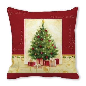 Christmas tree peach skin pillow cover with red background and Season's Greetings text