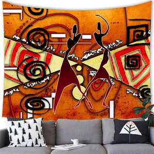African tribal women abstract tapestry mural hanging over a sofa in a modern living room