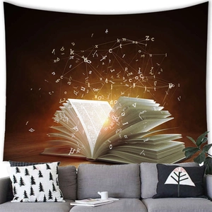 Macro shot of magical open book tapestry with glowing letters over a grey sofa