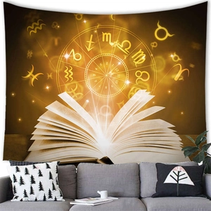 Vintage magic book tapestry with golden zodiac compass and mystical star chart design