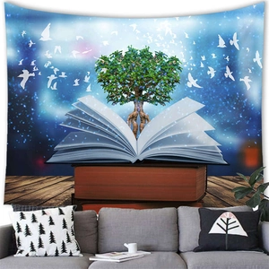 Detail of magic book tapestry with green tree and galaxy stars over a living room sofa