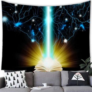 Detail of magical glowing book tapestry hanging above a modern sofa for wall decor