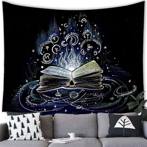Detailed close-up of a magic book tapestry hanging over a sofa in a living room