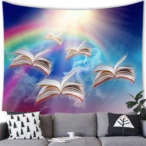 Detail of magical flying books tapestry with rainbow and galaxy sky in modern living room