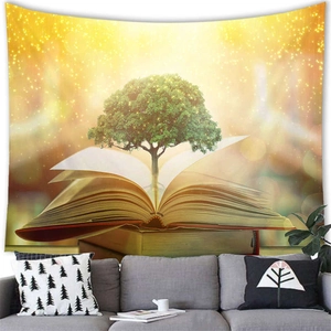 Detailed view of the magic book and tree tapestry hanging above a modern living room sofa