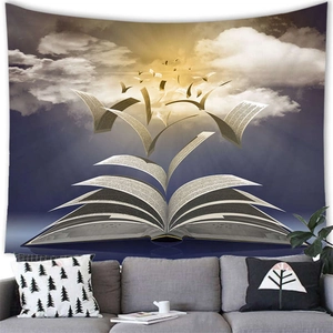 Detail view of fantasy book tapestry with flying pages and golden beams over a sofa