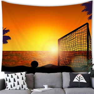 Vista dettagliata dell'arazzo da spiaggia con sagoma di porta da calcio al tramonto