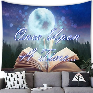 Macro view of fairytale galaxy book tapestry hanging above a modern living room sofa