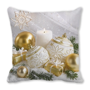 Detail of Christmas peach skin cushion showing gold ornaments, candle and pine needles print