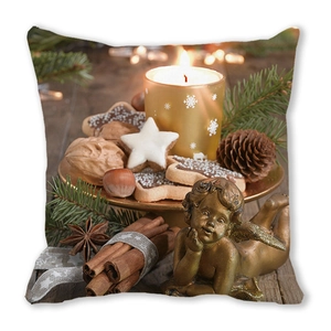 Christmas cushion cover featuring golden candles, angel statue, and pine branch pattern