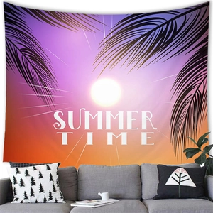 Detail of sunset beach wall tapestry with vibrant palm tree silhouettes and Summer Time text