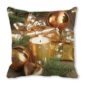 Detail of Christmas pillow cover with golden candles and pine branches print
