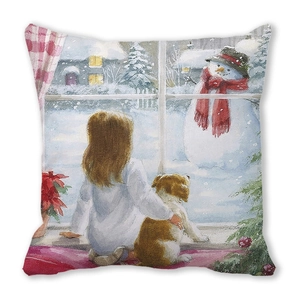 Detail of Christmas pillow cover featuring watercolor girl and dog looking at snow