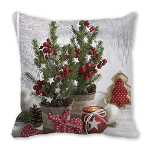 Merry Christmas peach skin pillow cover featuring trees, reindeer, and heart ornaments