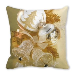 Merry Christmas peach skin pillow featuring golden bells and festive holiday decorations