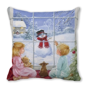 Detail of soft peach skin cushion cover with vintage Christmas illustration of kids and snowman