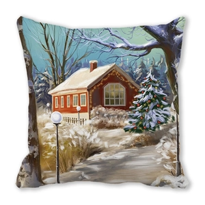 Winter cabin and Christmas tree oil painting print on peach skin pillowcase