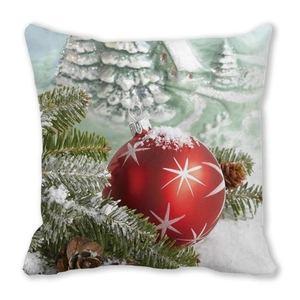 Detailed view of Merry Christmas peach skin pillow cover with red ball and pine branches