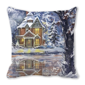 Macro detail of Christmas snow cabin oil painting print on peach skin pillowcase