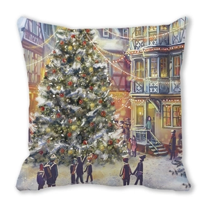 Detailed macro view of oil painting style Christmas market print on pillow cover