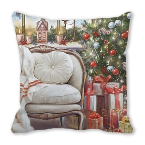 Detailed retro Christmas illustration on pillow cover showing a cozy holiday scene