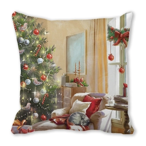 Detail of artistic oil painting print on Christmas pillow case featuring cat and tree