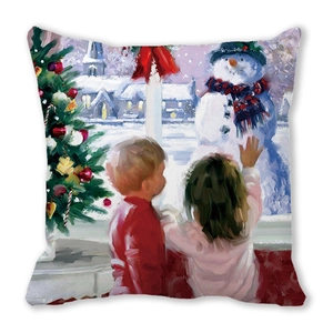 Close-up of peach skin fabric Christmas pillowcase with oil painting snowman and kids