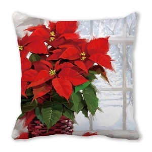 Christmas Peach Skin Pillow Case with Oil Painting Poinsettia and Snowy Window Scene