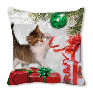 Detail of Christmas cushion cover with cat and gift oil painting artistic print