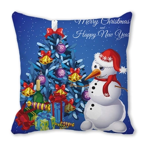 Funda de cojín azul con muñeco de nieve y árbol de Navidad para decorar el hogar