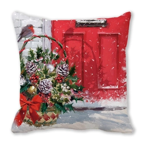 Merry Christmas peach skin pillow cover with robin bird and winter scene painting