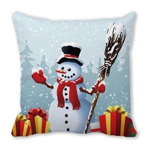 Detalle del estampado digital de muñeco de nieve navideño en una almohada
