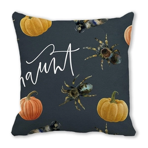 Detail of Halloween pillow fabric texture with haunt text, pumpkin and spider prints