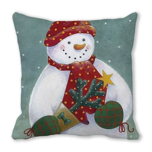 Detalle de la funda de cojín de piel de melocotón con ilustración de muñeco de nieve navideño