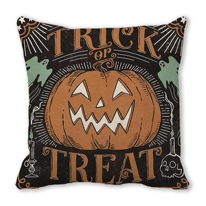 Close-up of Halloween trick or treat pillowcase with pumpkin and ghost motifs