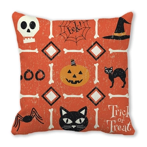 Close-up of Halloween peach skin pillow cover with orange pumpkin and ghost pattern