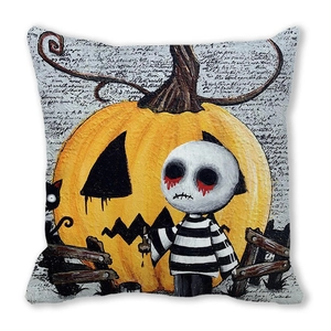 Detail of Halloween pumpkin and skeleton print on high-quality peach skin pillow cover